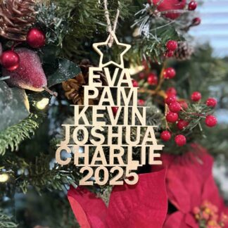 A goloden wooden christmas tree made up of names with a star on top and the number 2025 as tree stump.